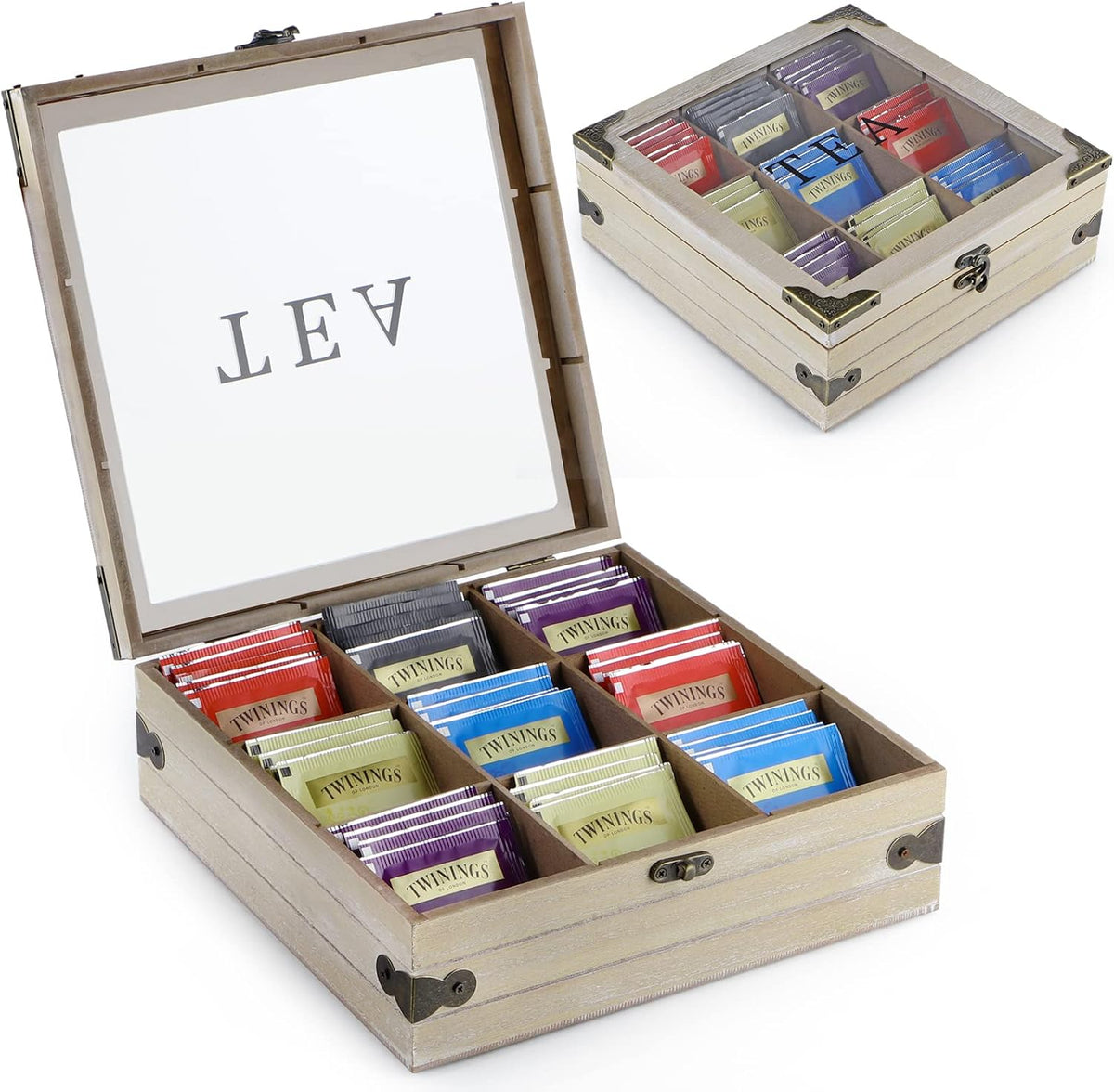 Wood Tea Box Organizer with Glass Lid, 9 Compartments L2913