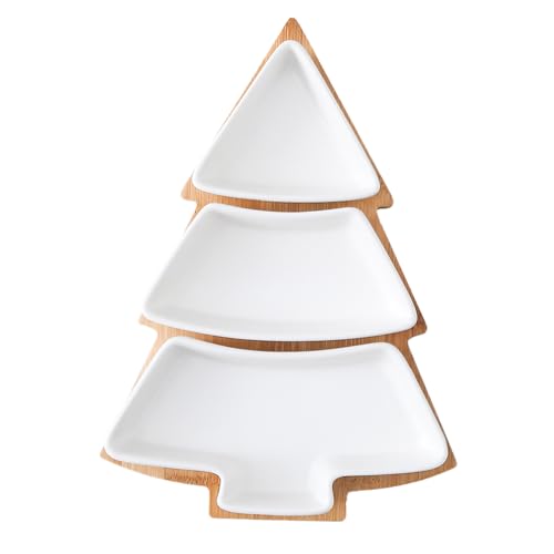 Christmas Tree Shaped Ceramic Platter with Wood Tray E257