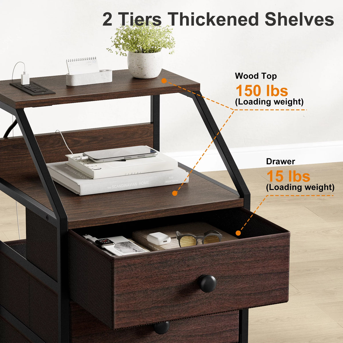 Rustic Brown Nightstand with Charging Station Set of 2 C72643