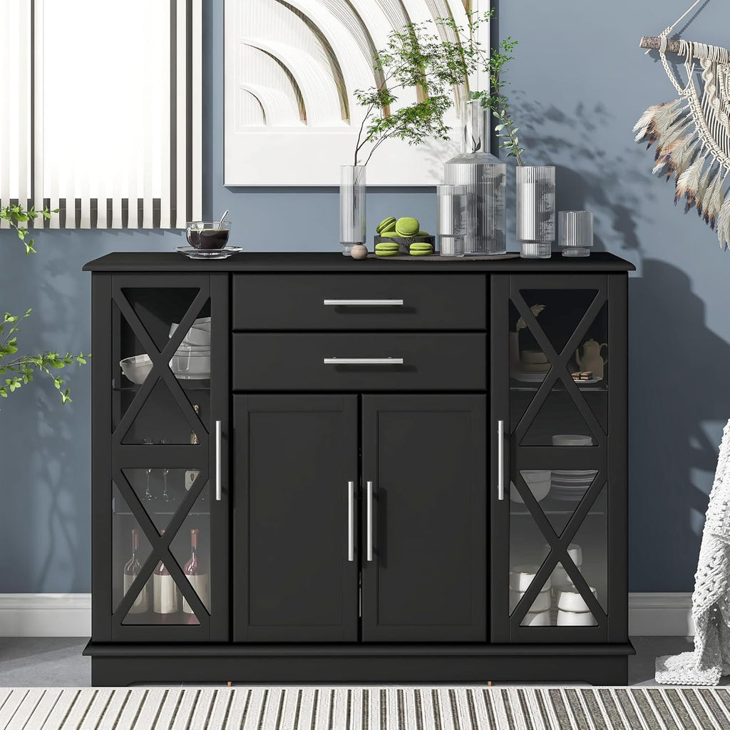 Navy Blue Wood Accent Buffet Sideboard with Doors and Adjustable Shelf O669