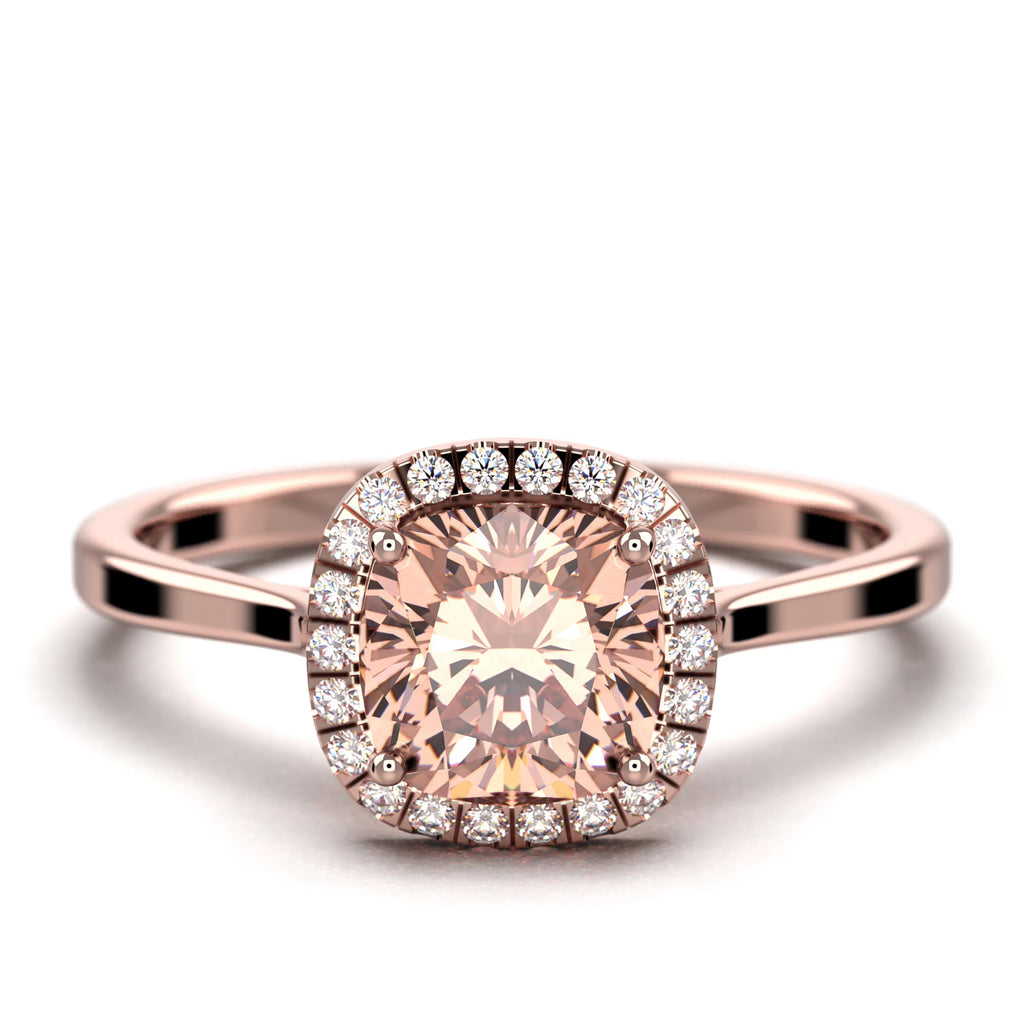1.55 Carat Cushion Cut Morganite And Diamond Moissanite Engagement Ring in 10k Solid Rose Gold A9644