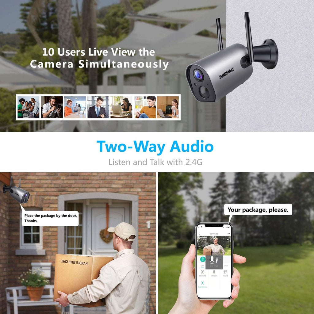 Wireless Outdoor WiFi Security Camera, Rechargeable Battery Powered, PIR Motion Detection, Two Way Audio, Night Vision, Waterproof, 2PCS E156315