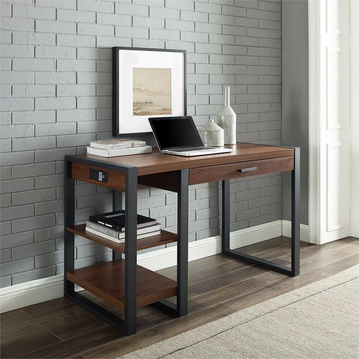 48" Dark Walnut Wood Computer Desk with USB Port Y3223