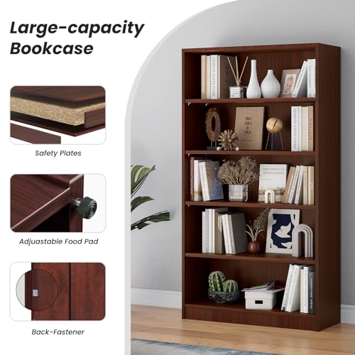 5 Shelf Wooden Bookcase, 60 Inch Height, Cherry R2039