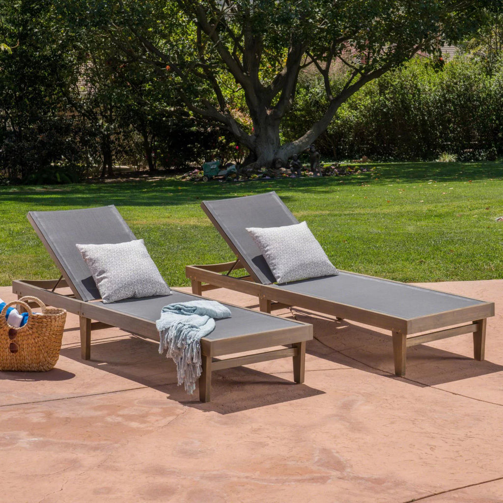 Outdoor Mesh and Wood Chaise Lounge Set of 2 Dark Grey F797176