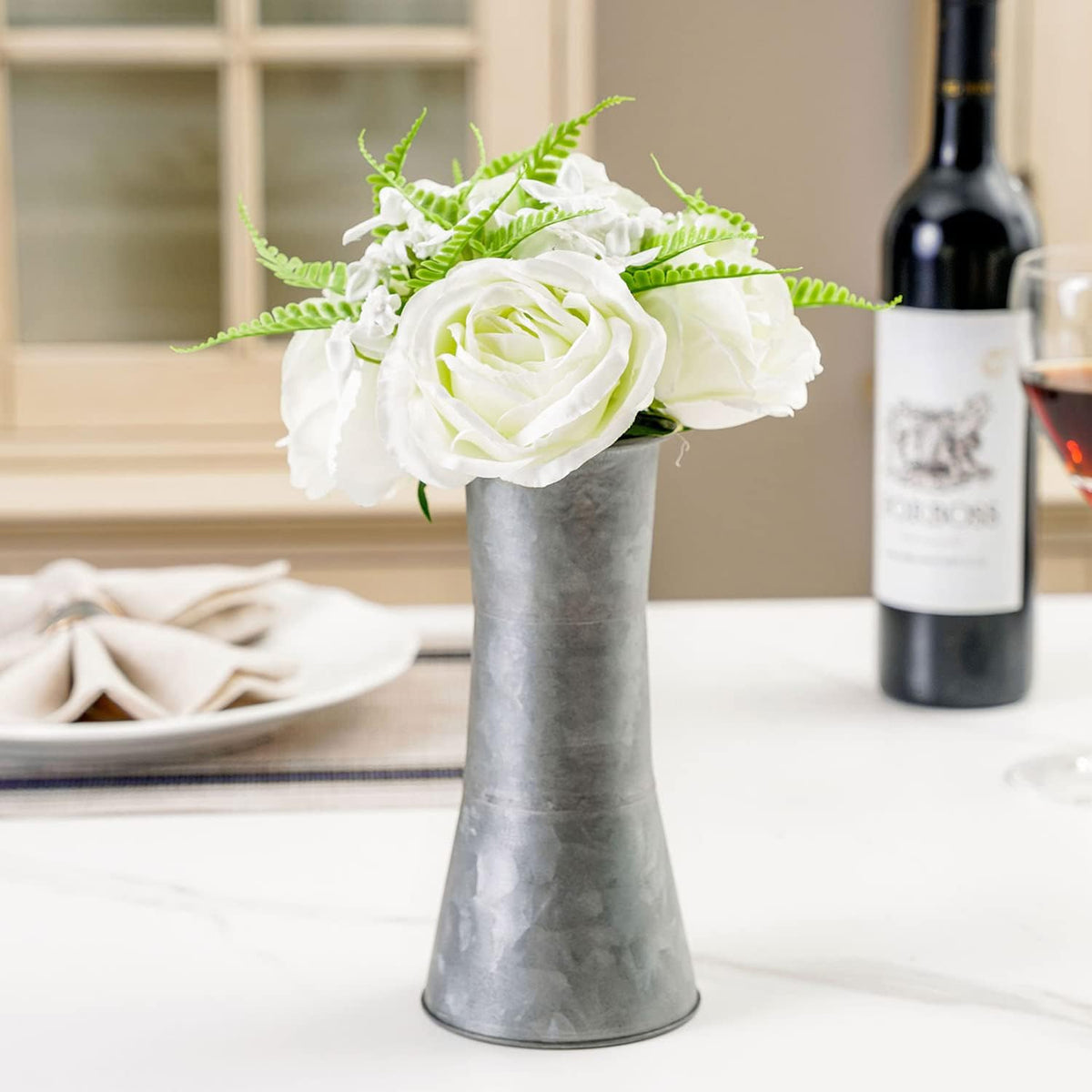8 Inch Galvanized Metal Decorative Flower Vase with Faux Floral Bouquet, Artificial White Roses O80125