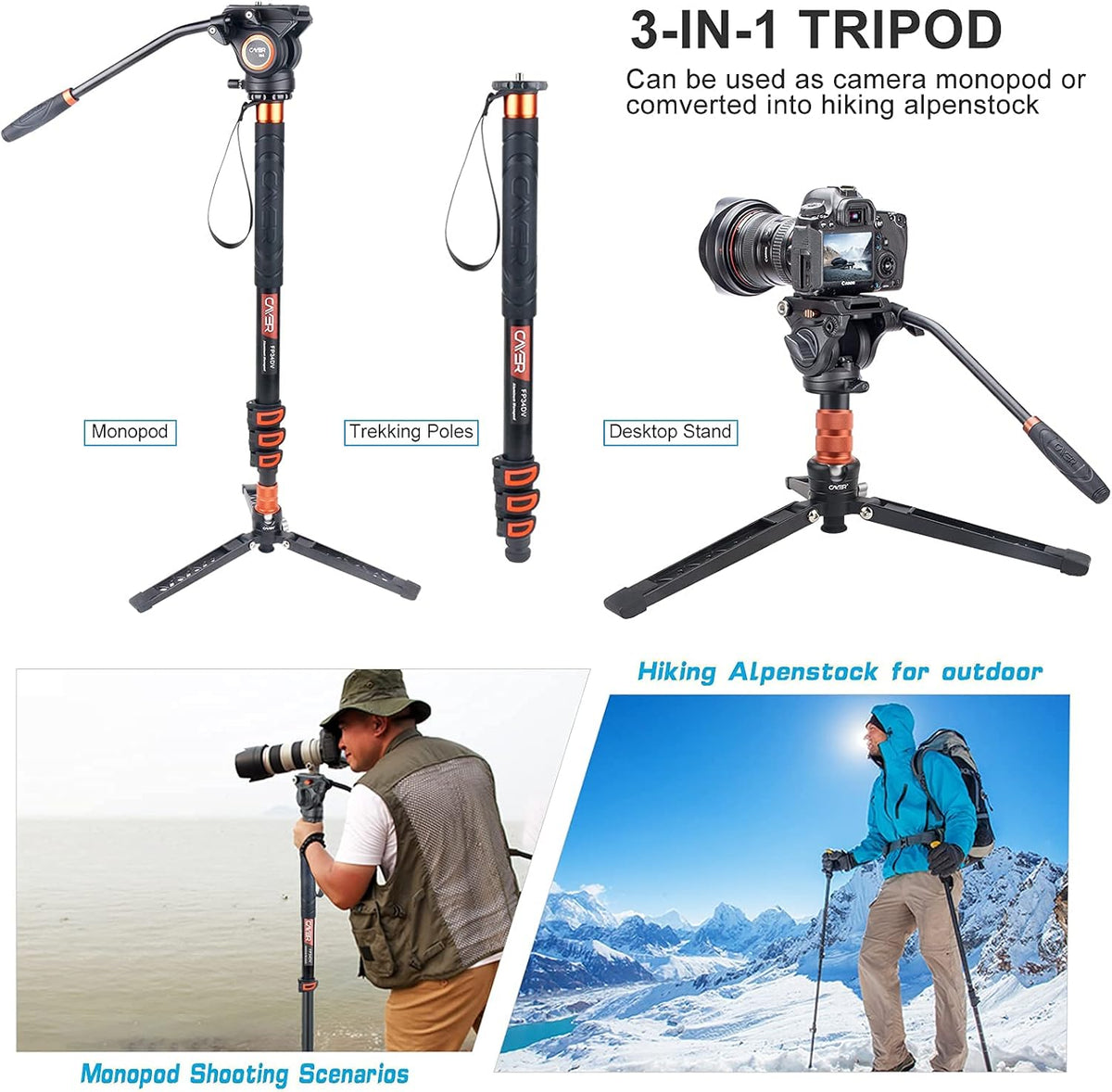 Lightweight Aluminum 71 inch Camera Monopod with Pan Tilt Fluid Head and Tripod Base I99790