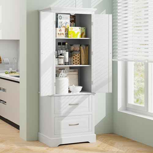 White 62" Floor Storage Cabinet with 2 Large Drawers and Adjustable Shelves U178
