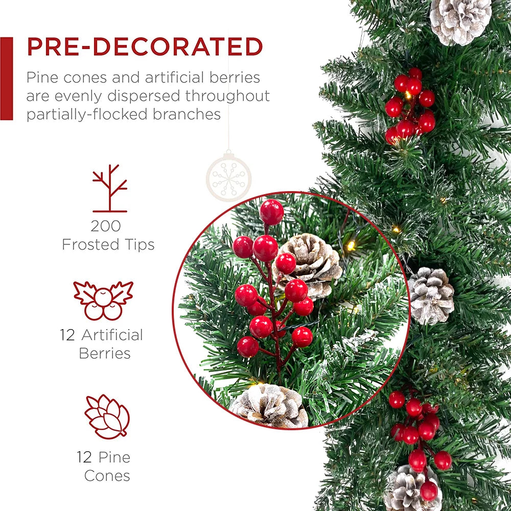 9ft Pre-Lit Christmas Garland with 50 LED Light and Pine Cones and Berries I98004