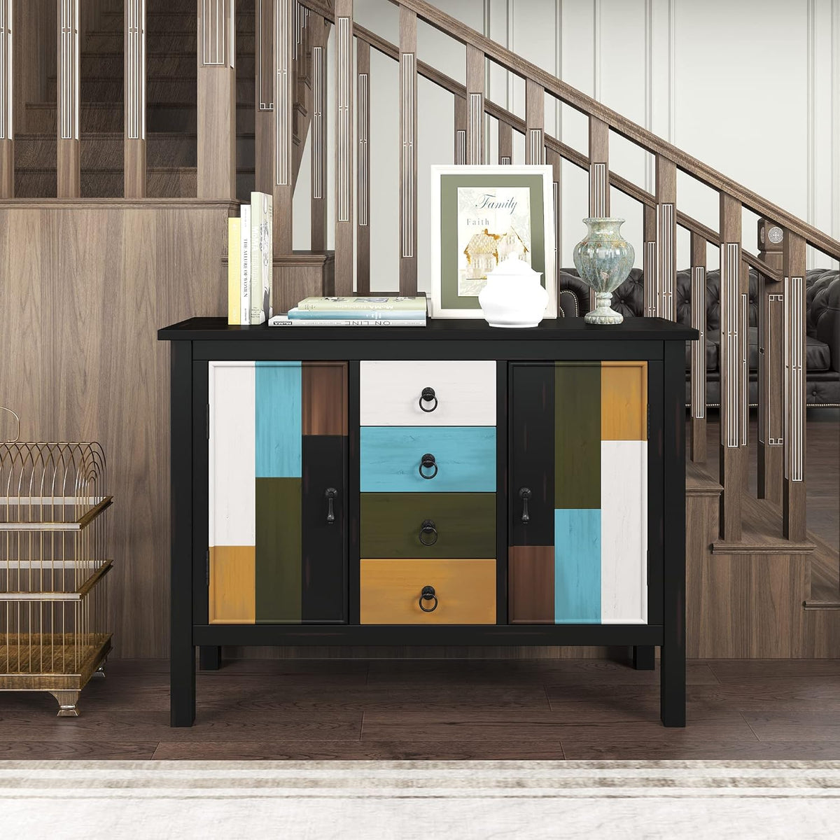 Navy Blue Wood Accent Buffet Sideboard with Doors and Adjustable Shelf O669