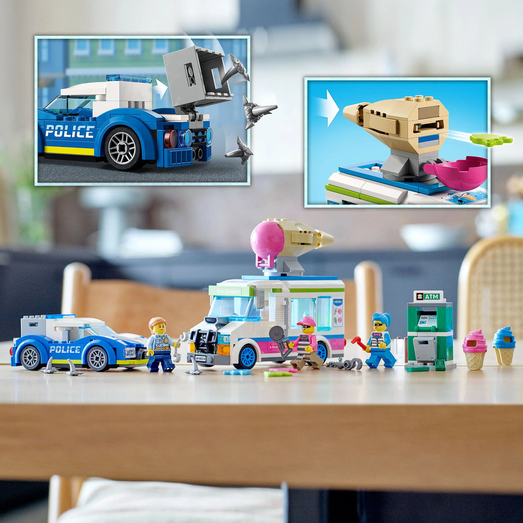 Ice Cream Truck Police Chase Van Toy with Splat Launcher & Police Car U59892