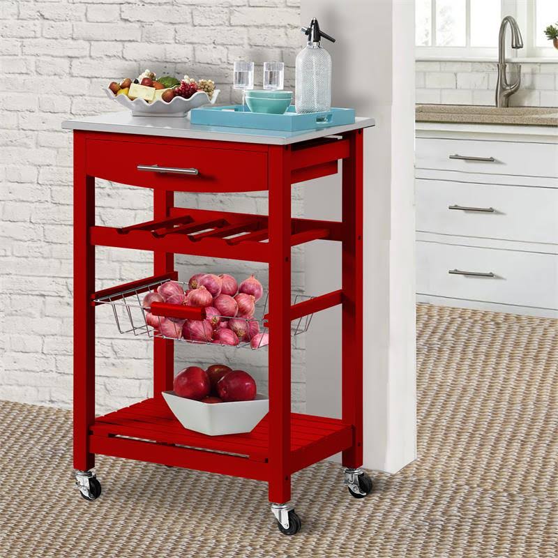 Red Kitchen Island with Stainless Steel Top and Casters B193522