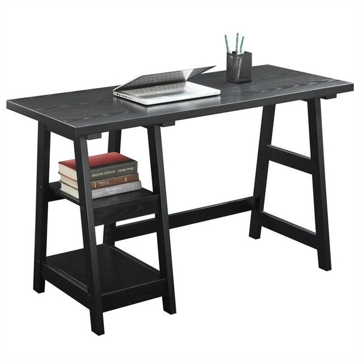 Black Trestle Desk with Shelves K8252