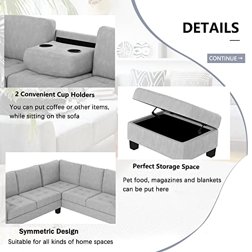 Light Grey L-Shape Sectional Sofa with Storage Ottoman S5152