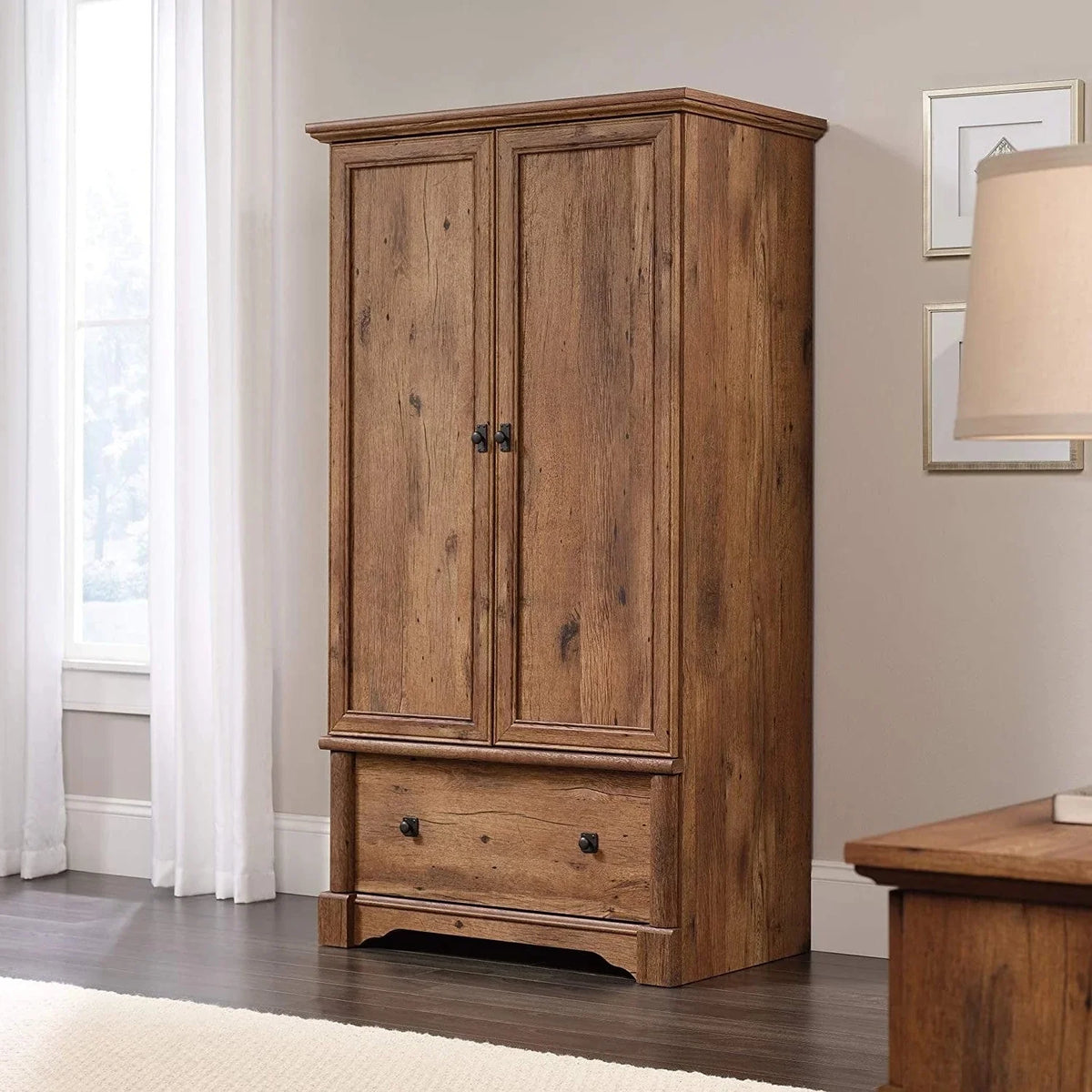 Rustic Oak Drawer and Garment Rod Wardrobe Armoire Q8746