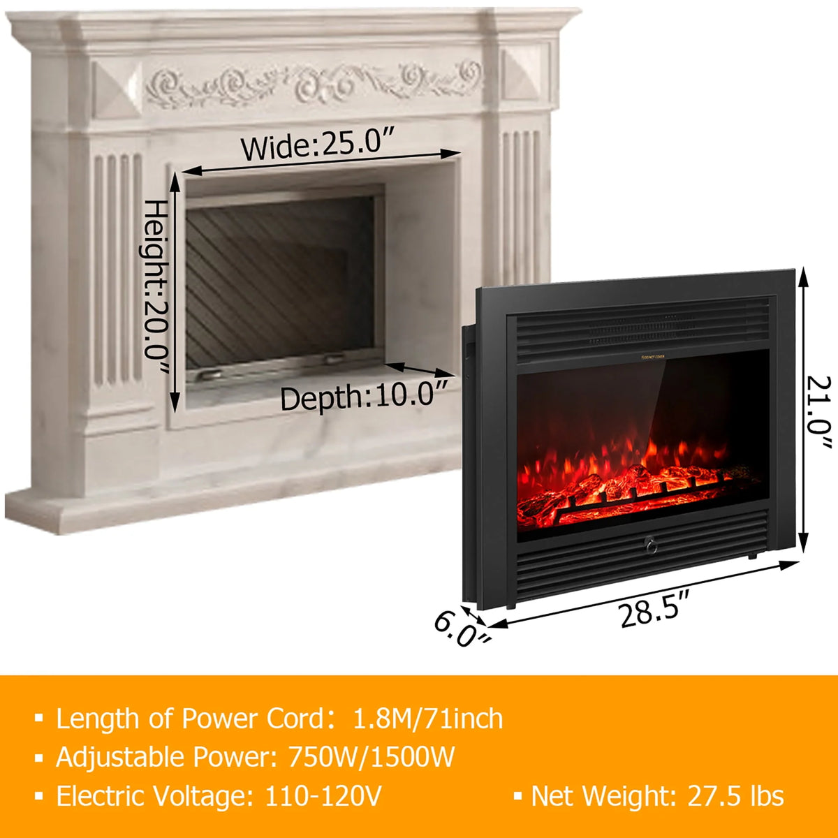 28.5 Electric Fireplace Insert Heater with Remote X989313
