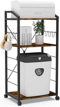 Large 3-Tier Mobile Printer Stand Utility Cart Rustic Wooden Adjustable Shelves with 8 Hooks Caster Wheels V953677