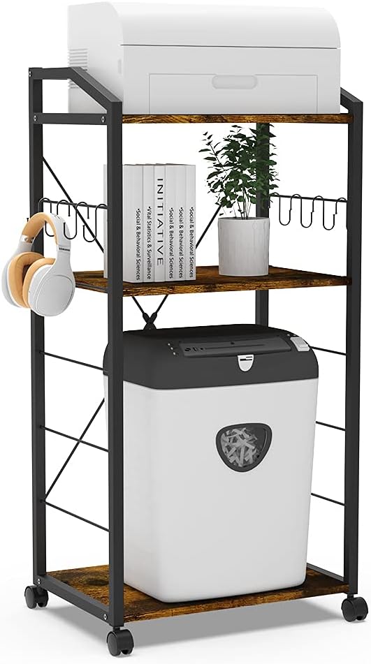 Large 3-Tier Mobile Printer Stand Utility Cart Rustic Wooden Adjustable Shelves with 8 Hooks Caster Wheels V953677