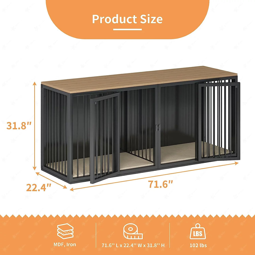 Black Large 2 Dog Steel Frame Wooden Top Crate Furniture C250614