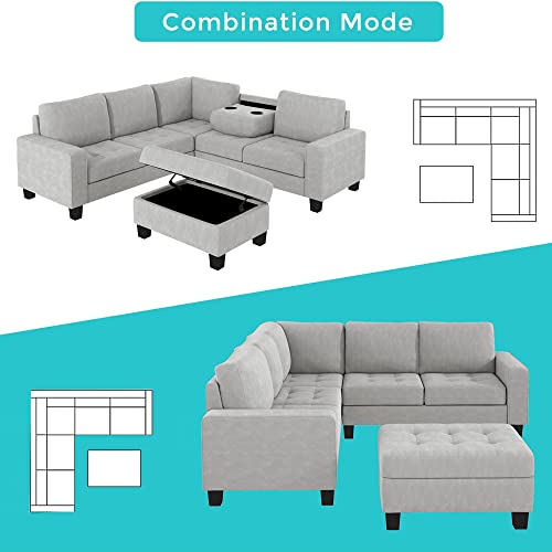 Light Grey L-Shape Sectional Sofa with Storage Ottoman S5152
