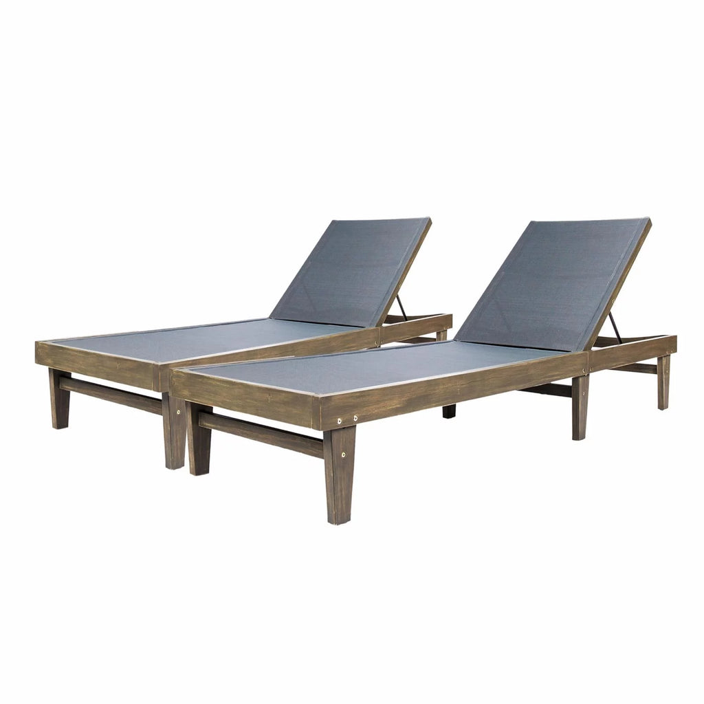 Outdoor Mesh and Wood Chaise Lounge Set of 2 Dark Grey F797176