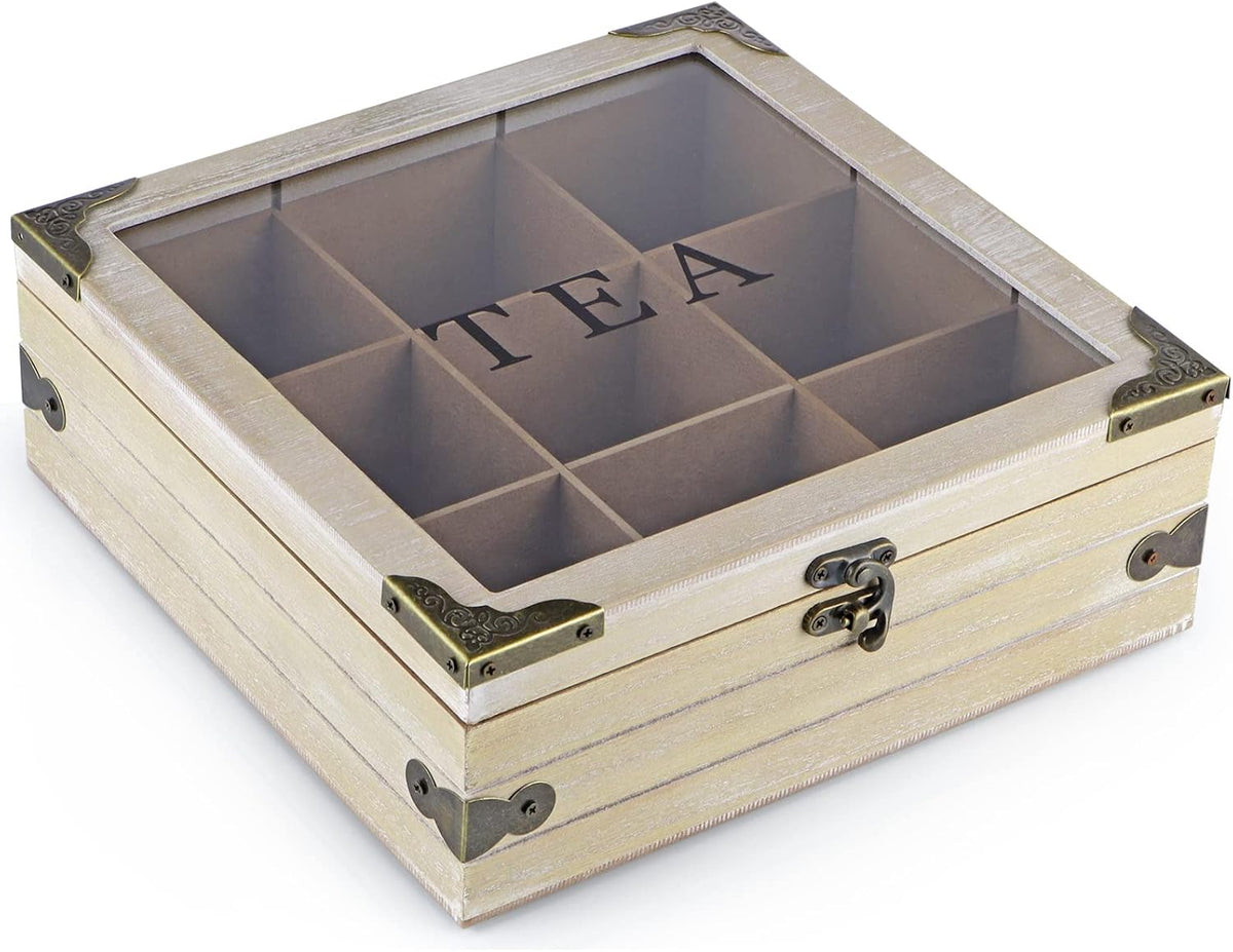Wood Tea Box Organizer with Glass Lid, 9 Compartments L2913