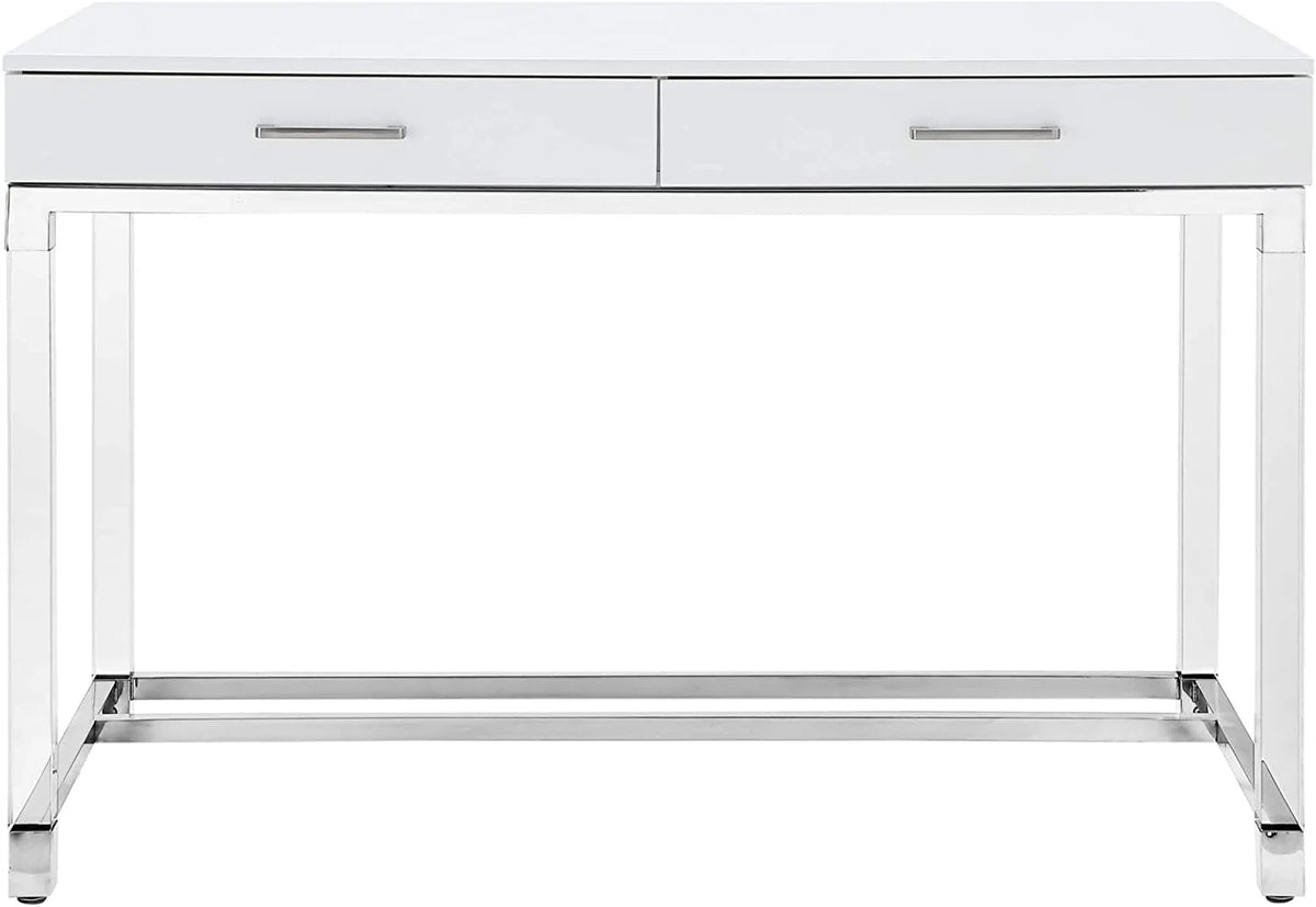 High Gloss 2 Drawers Writing Desk with Acrylic Legs and Chrome Stainless Steel Base White/Chrome U919
