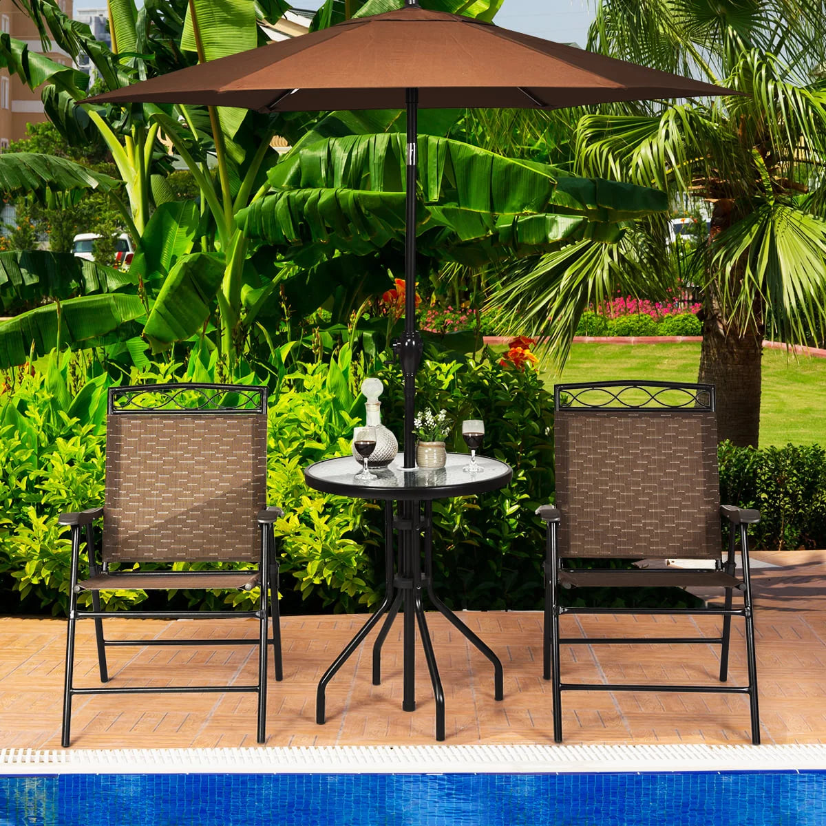 3 PCS Bistro Patio Dining Set with 2 Folding Chairs & Glass Table L5326