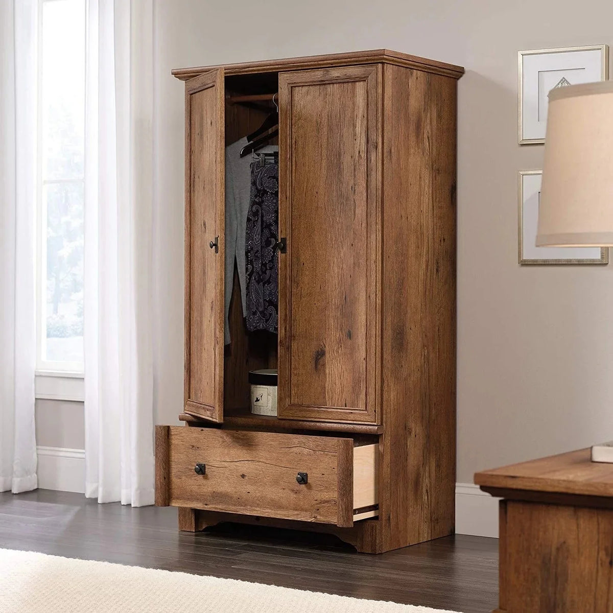 Rustic Oak Drawer and Garment Rod Wardrobe Armoire Q8746