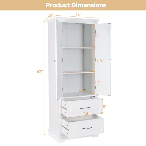 White 62" Floor Storage Cabinet with 2 Large Drawers and Adjustable Shelves U178