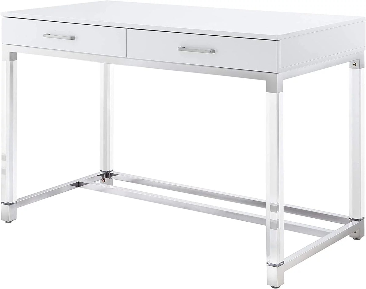 High Gloss 2 Drawers Writing Desk with Acrylic Legs and Chrome Stainless Steel Base White/Chrome U919