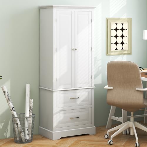 White 62" Floor Storage Cabinet with 2 Large Drawers and Adjustable Shelves U178