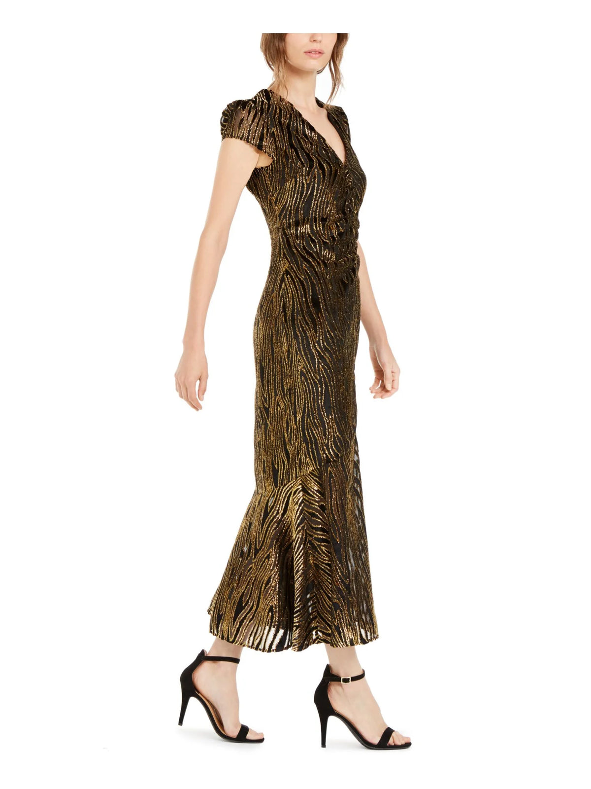Black Textured Printed Cap Sleeve V Neck Maxi Trapeze Dress H67725