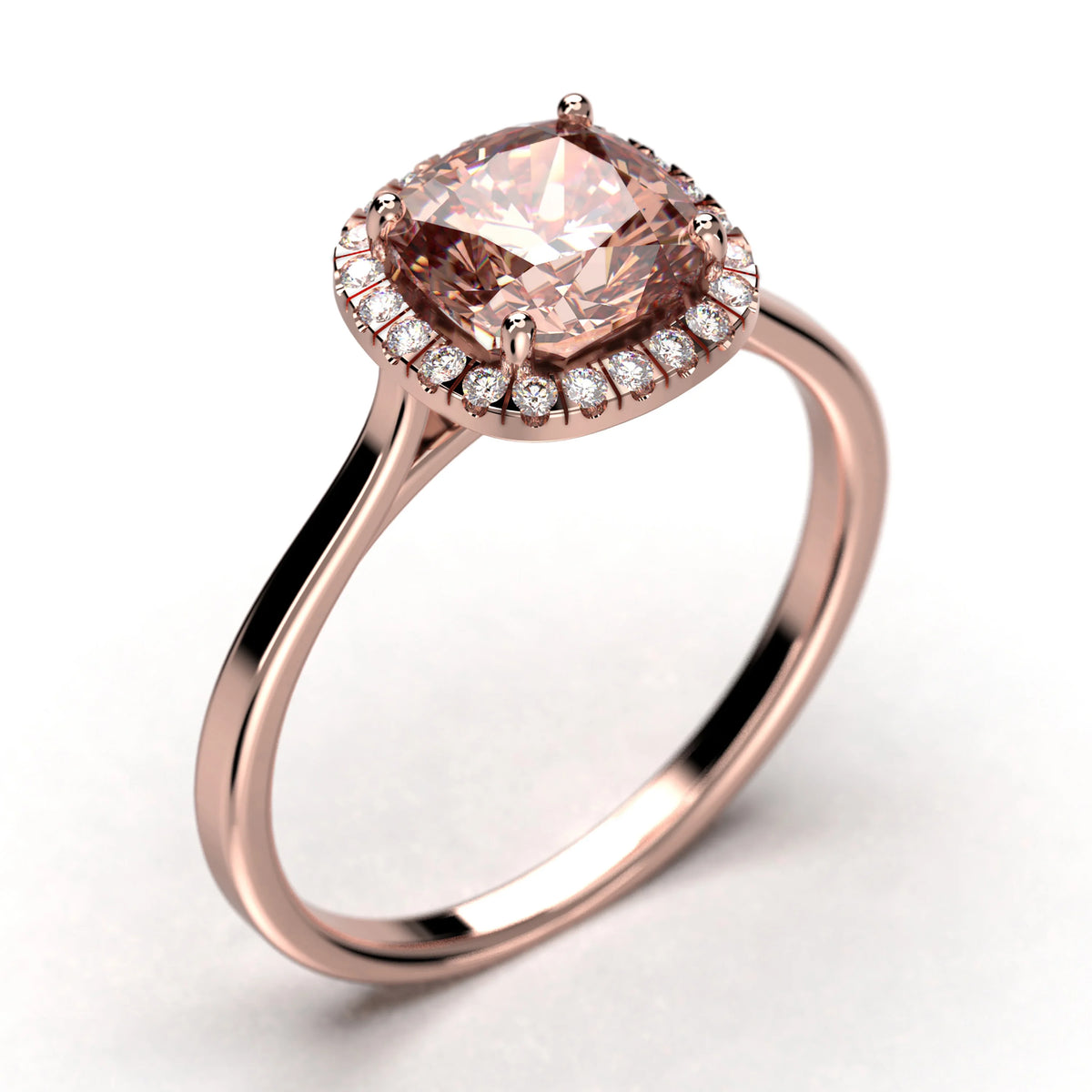 1.55 Carat Cushion Cut Morganite And Diamond Moissanite Engagement Ring in 10k Solid Rose Gold A9644