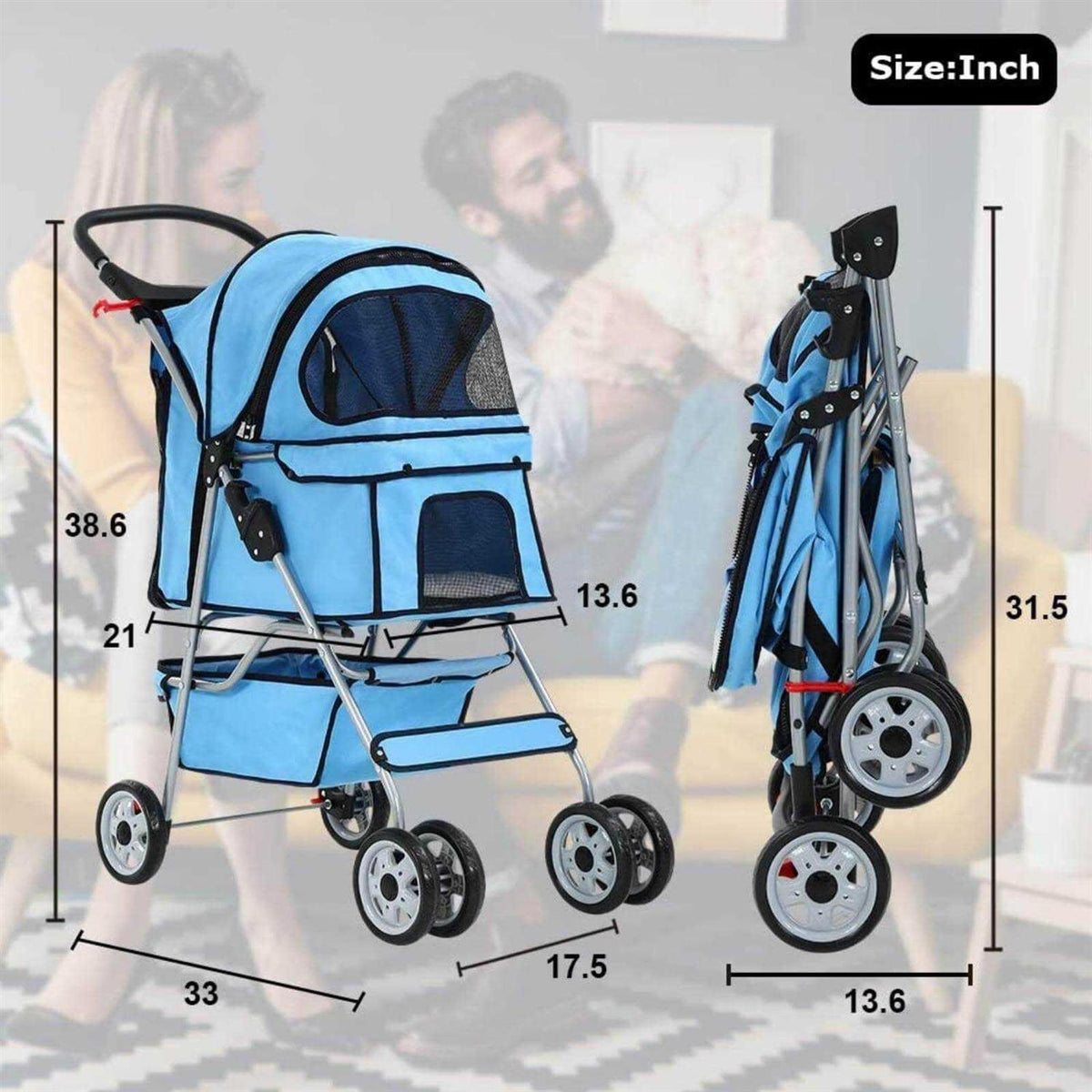 4 Wheels Foldable Pet Stroller with Cup Holders & Storage Basket J234824