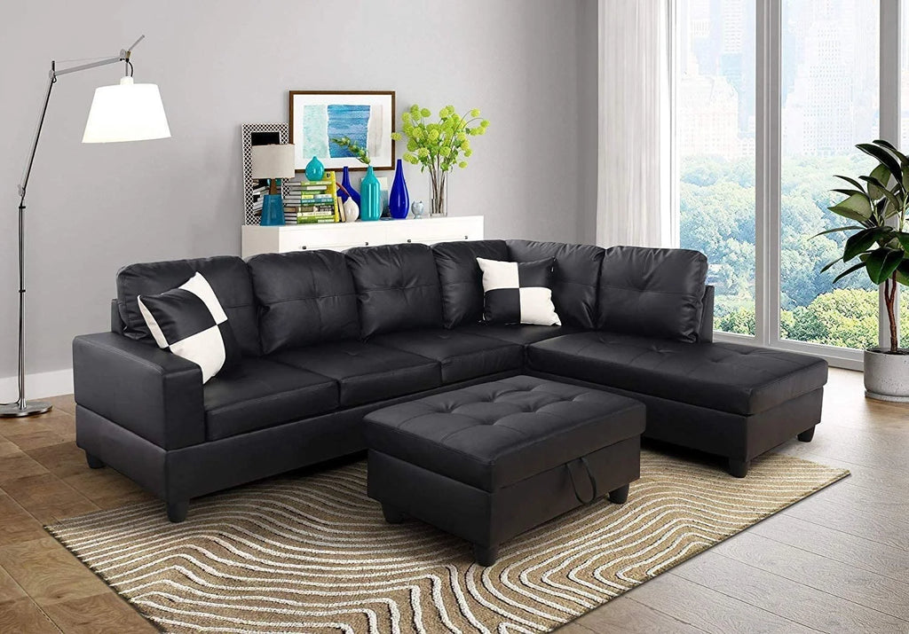 L-Shape Faux Leather Sectional Sofa with Chaise and Ottoman C9390
