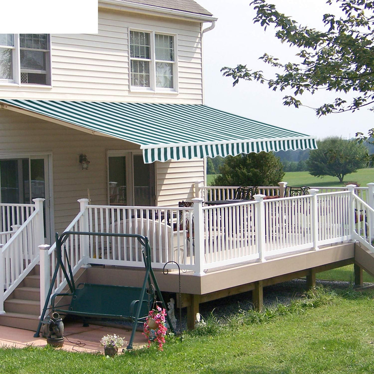 12'x10' Retractable Patio Awning with Green/White Stripes J3295