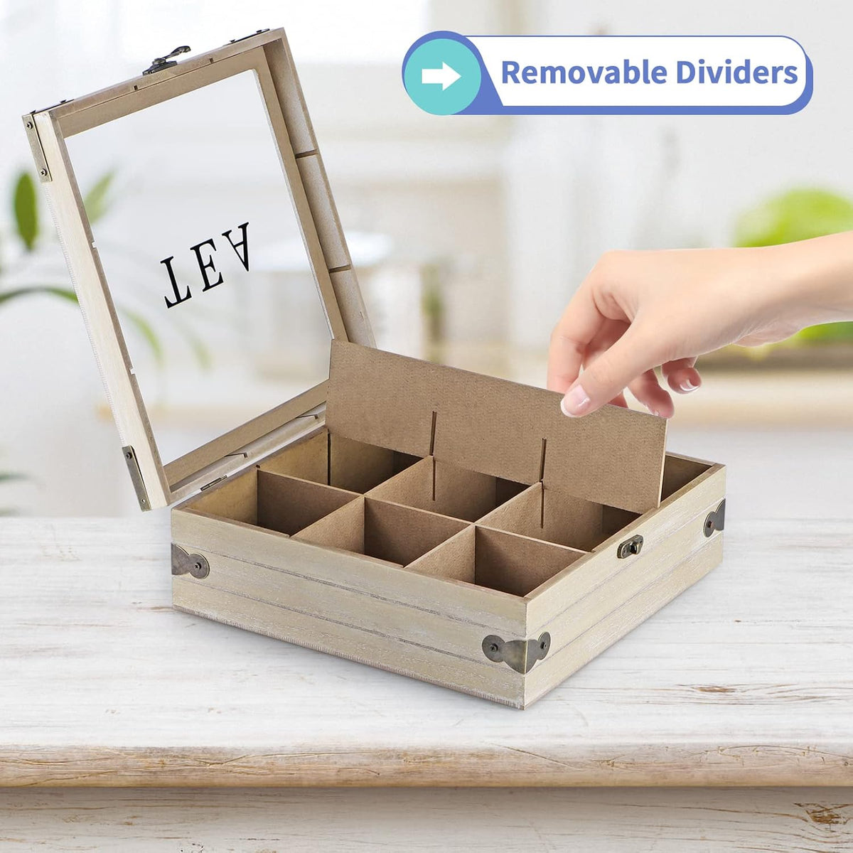 Wood Tea Box Organizer with Glass Lid, 9 Compartments L2913