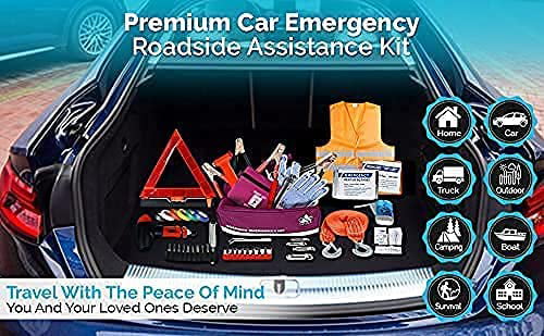 43 Piece Car Emergency Roadside Assistance Kit First Aid Kit Jumper Cables Tow Strap F2957