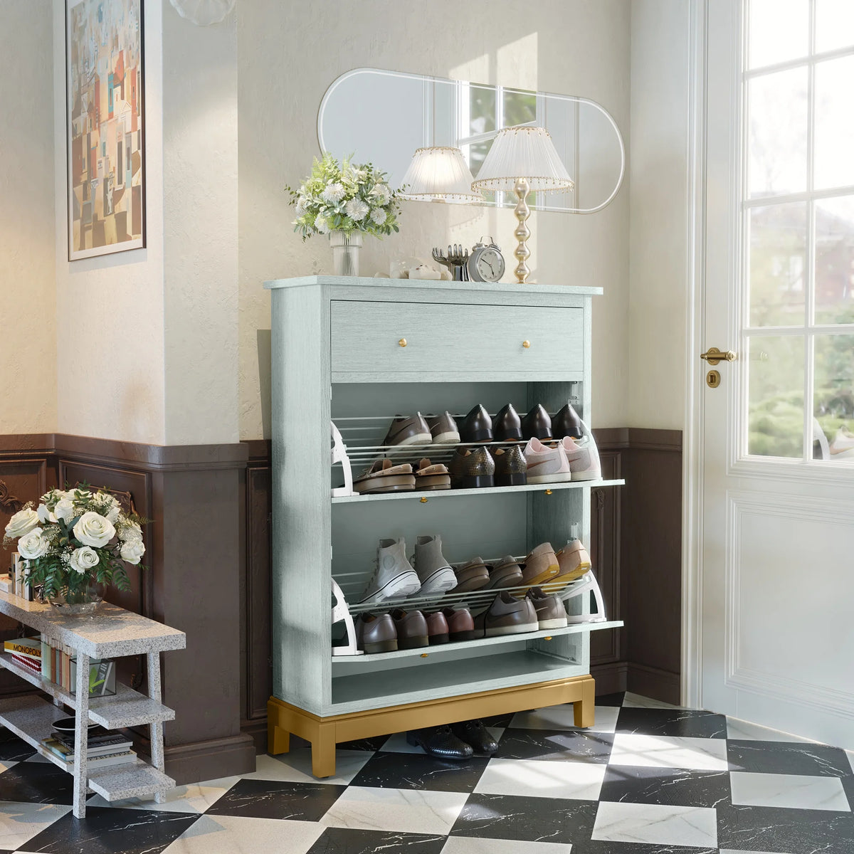 Green Shoe Cabinet with 2 Flip Doors 1 Drawer D1211