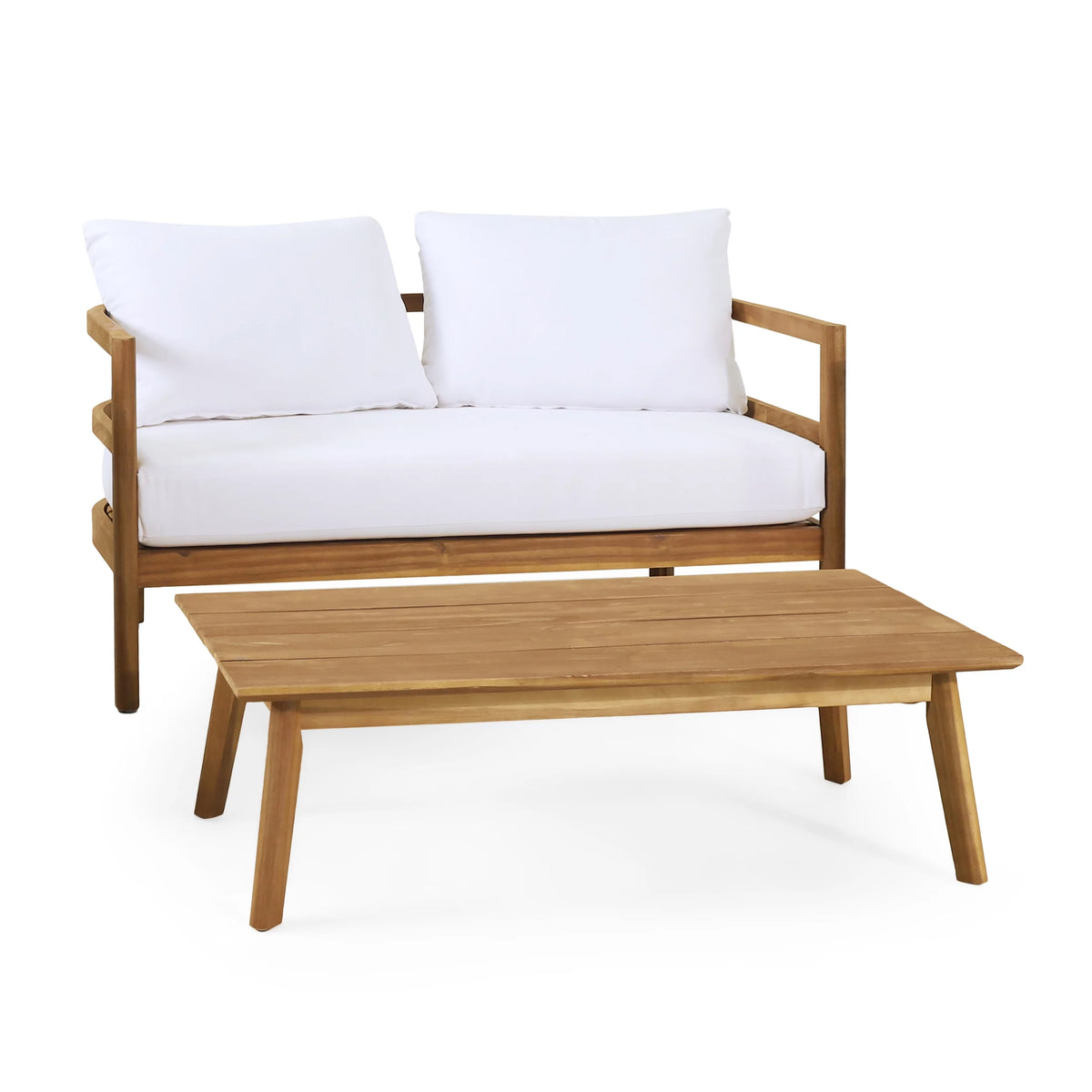 Acacia Wood Loveseat and Coffee Table Set with Cushions N8958