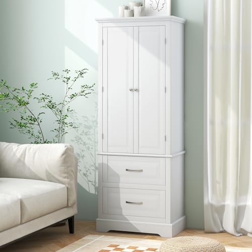 White 62" Floor Storage Cabinet with 2 Large Drawers and Adjustable Shelves U178