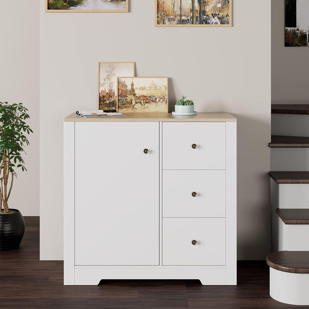 White Oak 3 Drawer 1 Door Storage Cabinet I79618