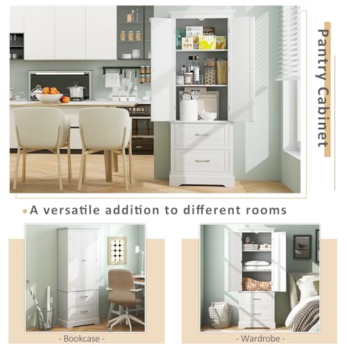 White 62" Floor Storage Cabinet with 2 Large Drawers and Adjustable Shelves U178