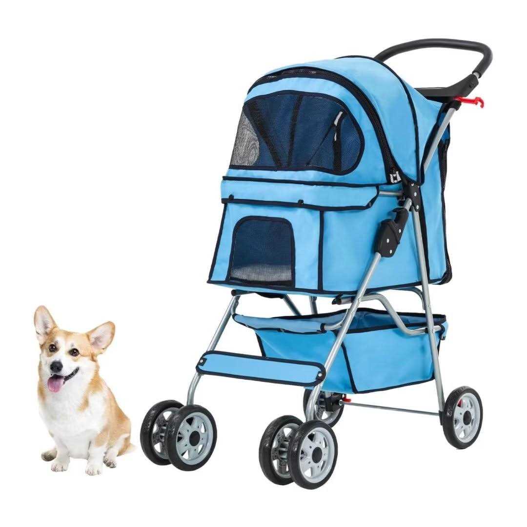 4 Wheels Foldable Pet Stroller with Cup Holders & Storage Basket J234824