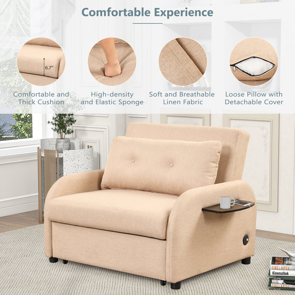 Beige 3 in 1 Pull Out Sofa Sleeper with USB Charge F433