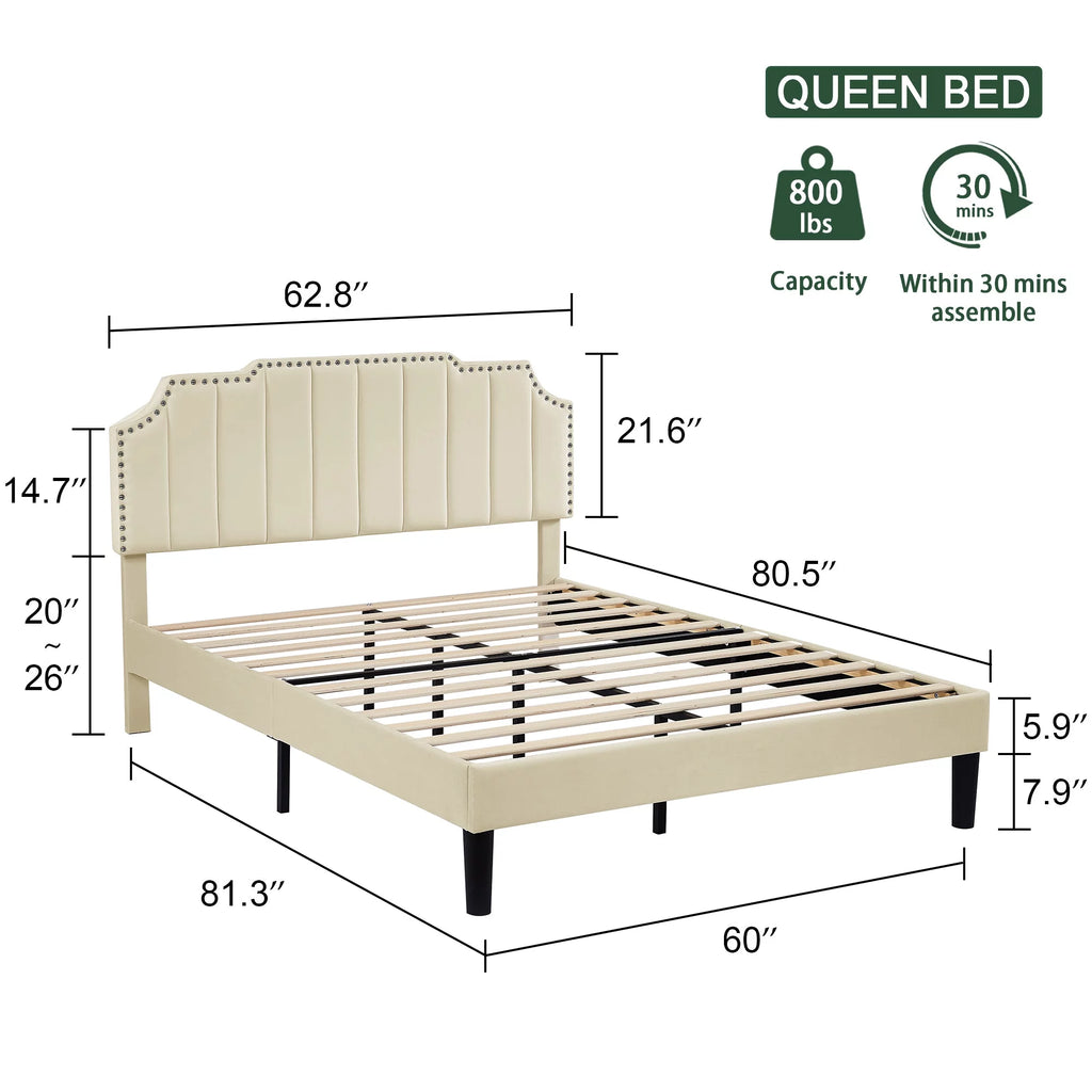 Queen Size Upholstered Platform Bed Frame with Nailhead Trim X55758