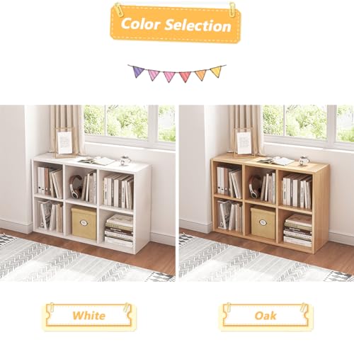 Oak 6 Cube Organizer Bookcase with Fabric Storage Bins J164
