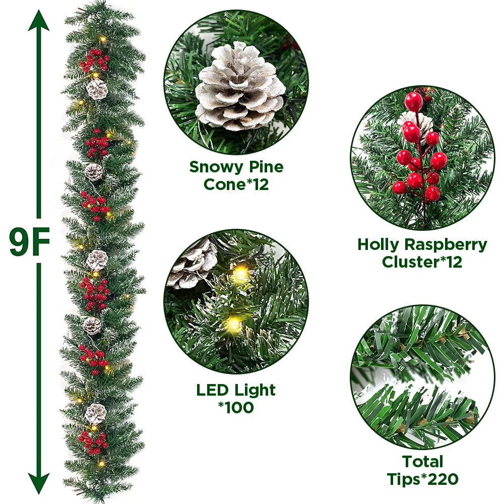 9ft Pre-Lit Christmas Garland with 50 LED Light and Pine Cones and Berries I98004