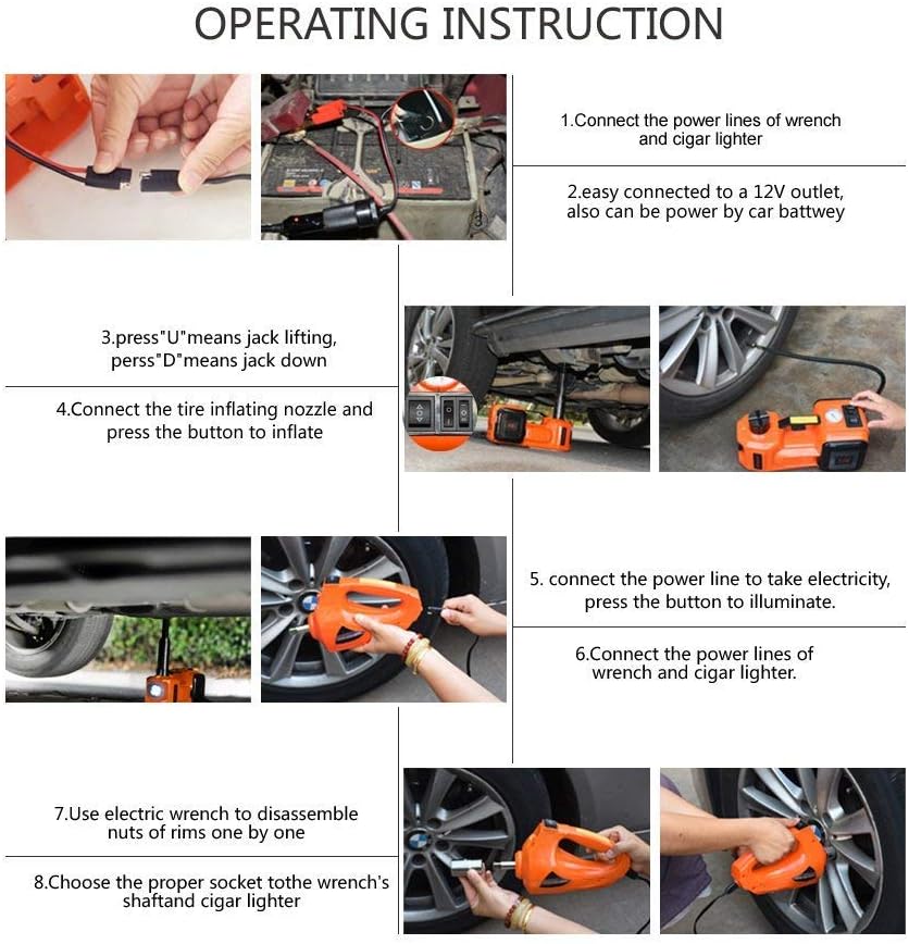 12V DC Electric Hydraulic Floor Jack and Tire Inflator Pump and LED Flashlight 3 in 1 Set with Electric Impact Wrench Car Repair Tool Kit R14023